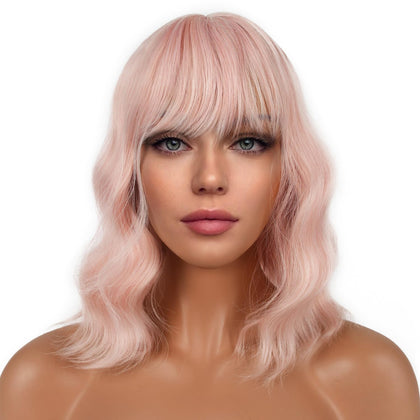 LANCAINI Short Bob Wig with Bangs front view in Peach Fuzz