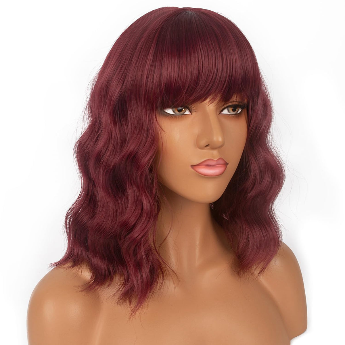 LANCAINI Short Bob Wig with Bangs in Auburn, styled on mannequin