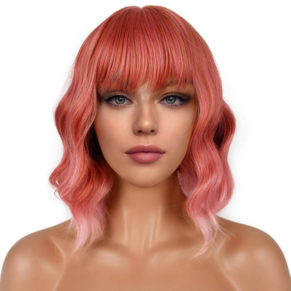 LANCAINI Short Bob Wig with Bangs in Dark Pastel Pink front view