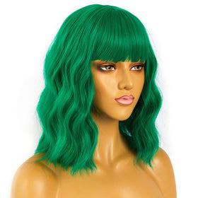 LANCAINI Short Bob Wig with Bangs in Green, adjustable straps detail