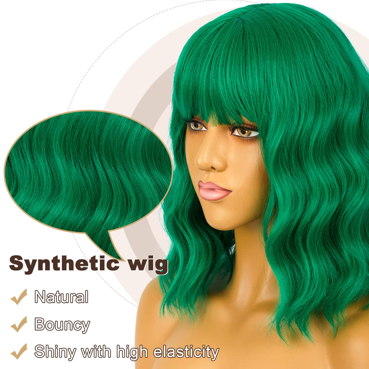 LANCAINI Short Bob Wig with Bangs in Green, back view