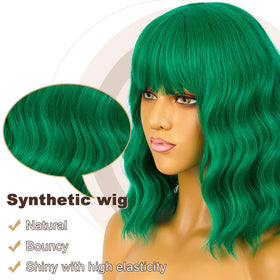 LANCAINI Short Bob Wig with Bangs in Green, back view