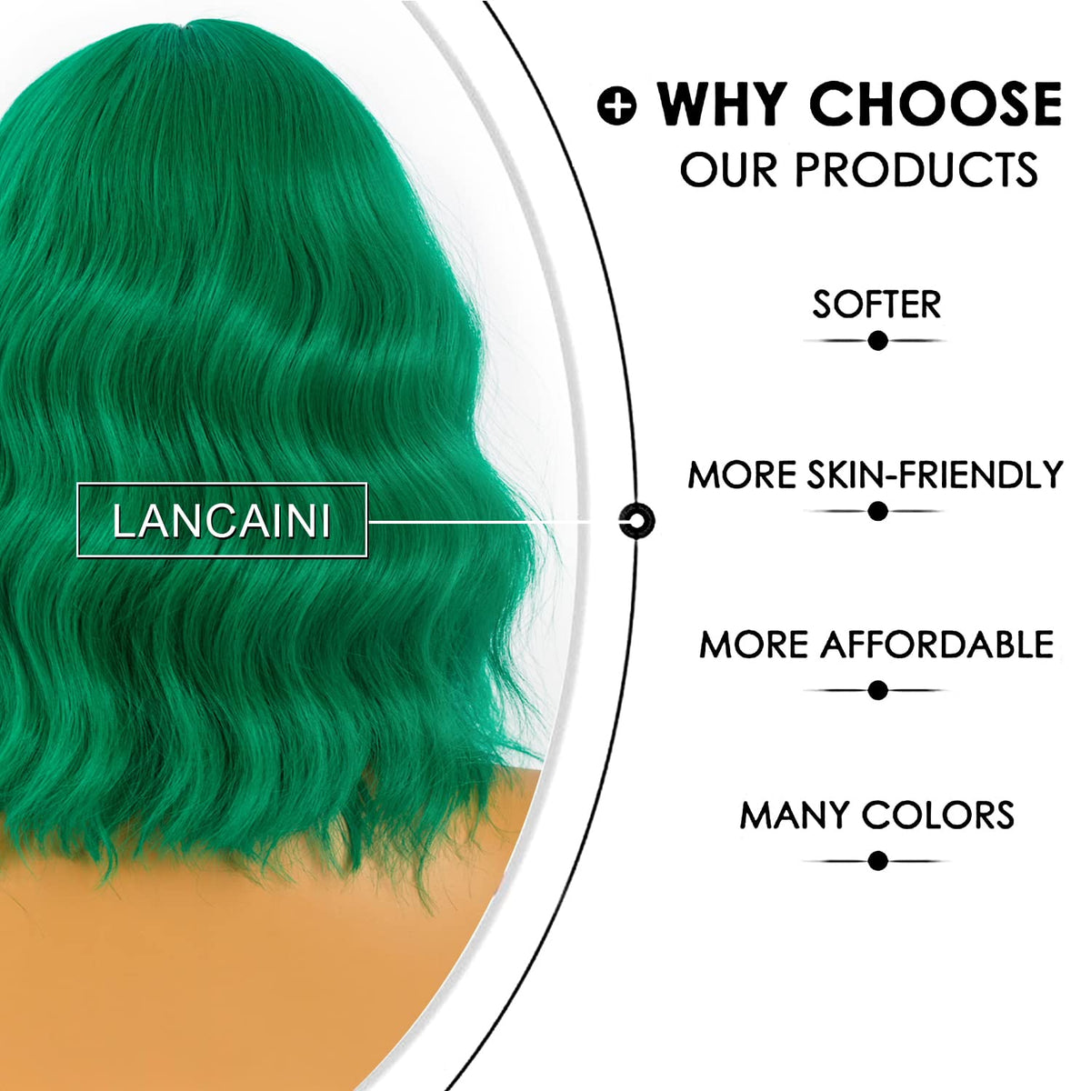 LANCAINI Short Bob Wig with Bangs in Green, close-up of bangs