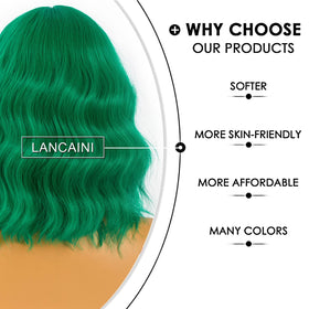 LANCAINI Short Bob Wig with Bangs in Green, close-up of bangs