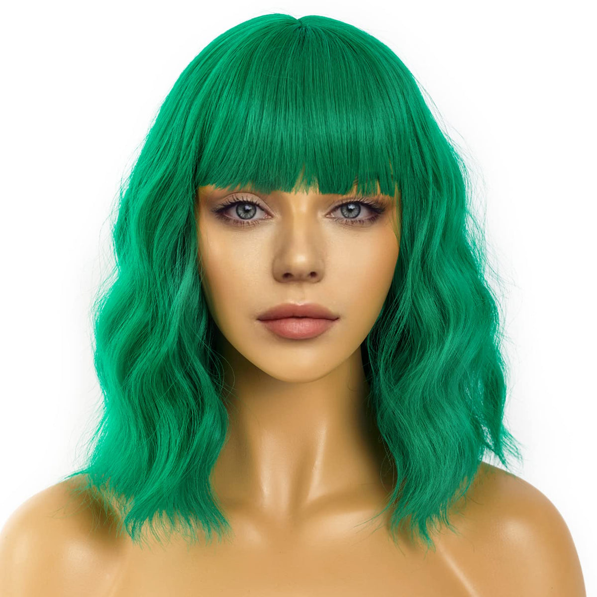 LANCAINI Short Bob Wig with Bangs in Green, front view