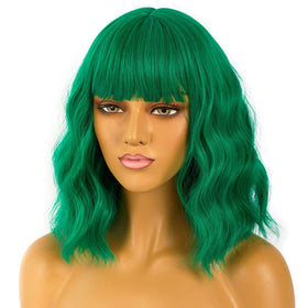 LANCAINI Short Bob Wig with Bangs in Green, side view