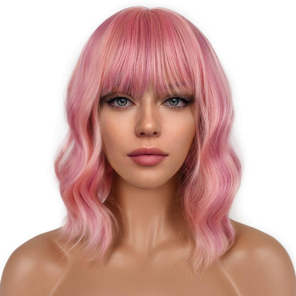 LANCAINI Short Bob Wig with Bangs in Lovely Pink front view