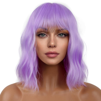 LANCAINI Short Bob Wig with Bangs in vibrant purple front view