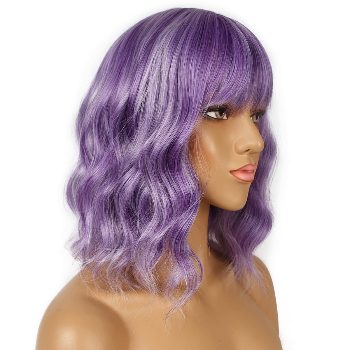 LANCAINI Short Bob Wig with Bangs in Violet close-up of bangs