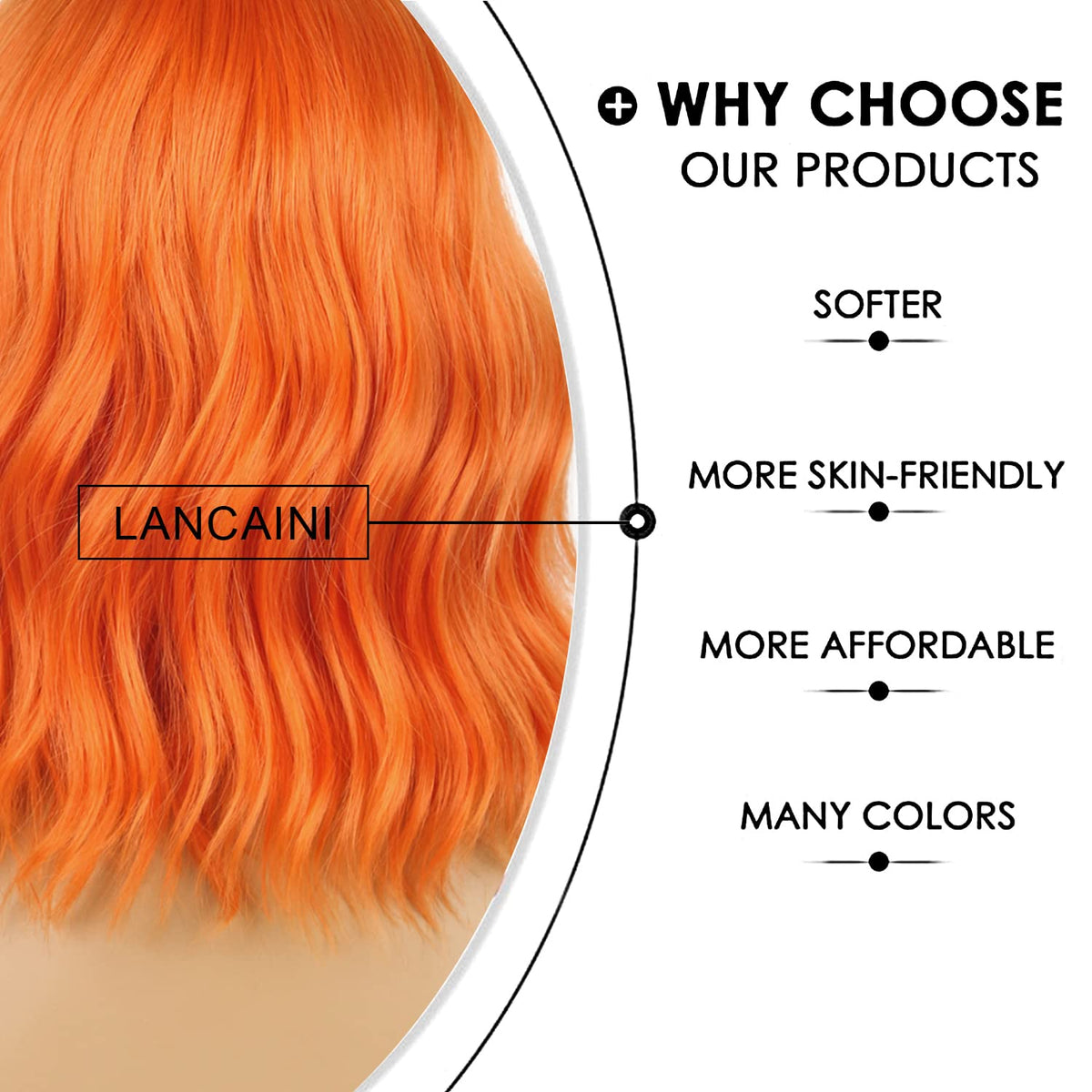 LANCAINI Short Orange Wavy Wig close-up of bangs