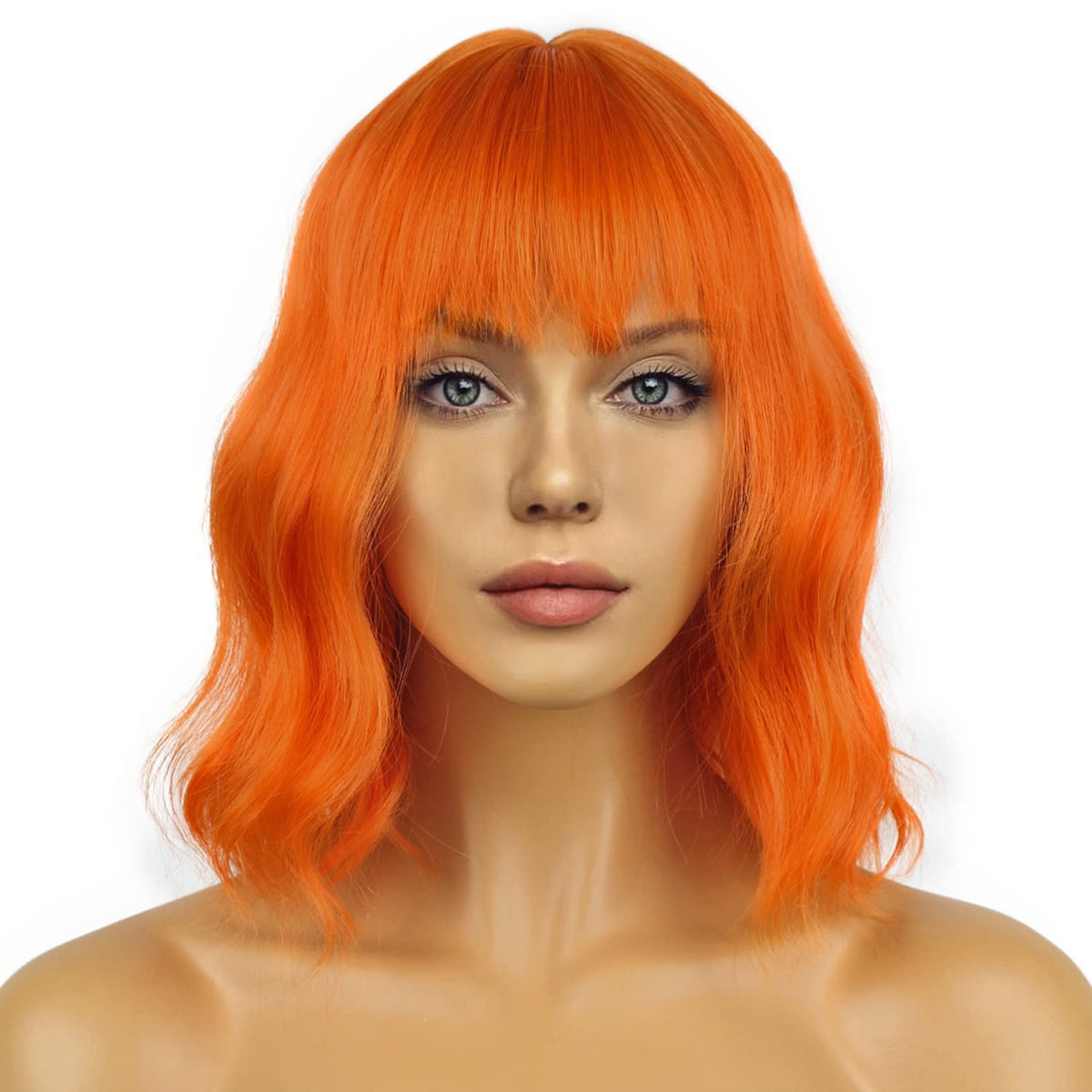 LANCAINI Short Orange Wavy Wig front view with bangs