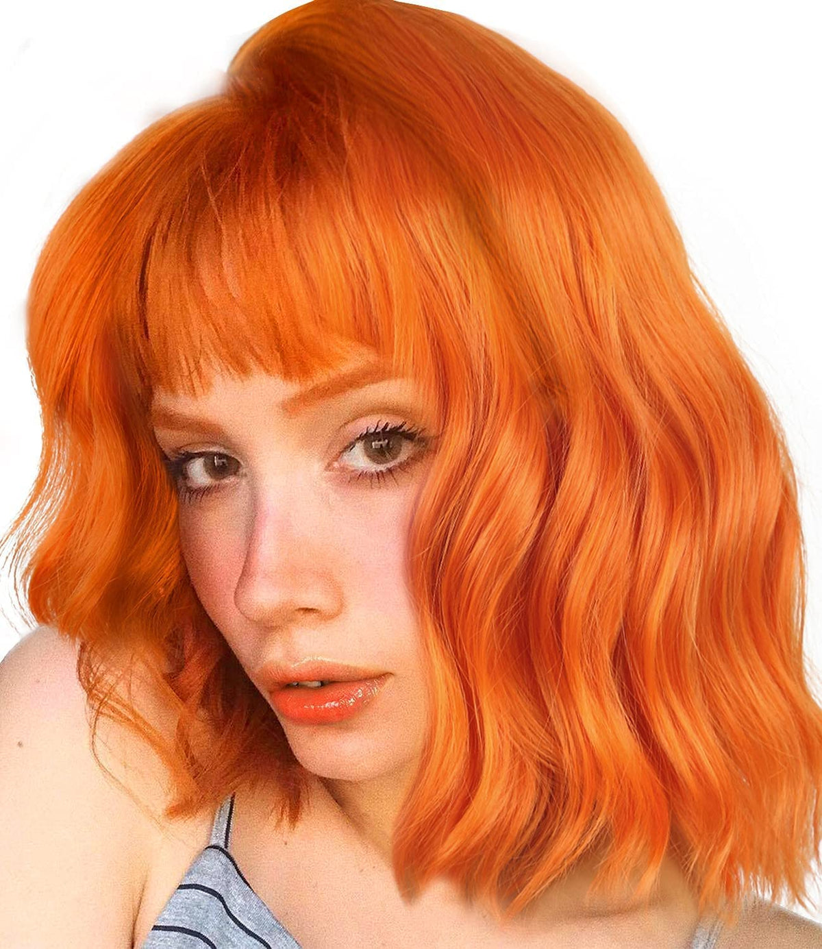 LANCAINI Short Orange Wavy Wig on a mannequin