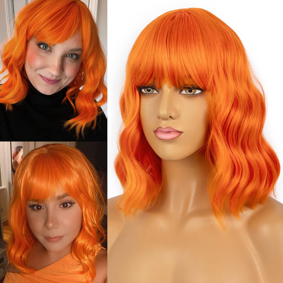 LANCAINI Short Orange Wavy Wig side view showing curls