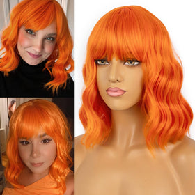 LANCAINI Short Orange Wavy Wig side view showing curls