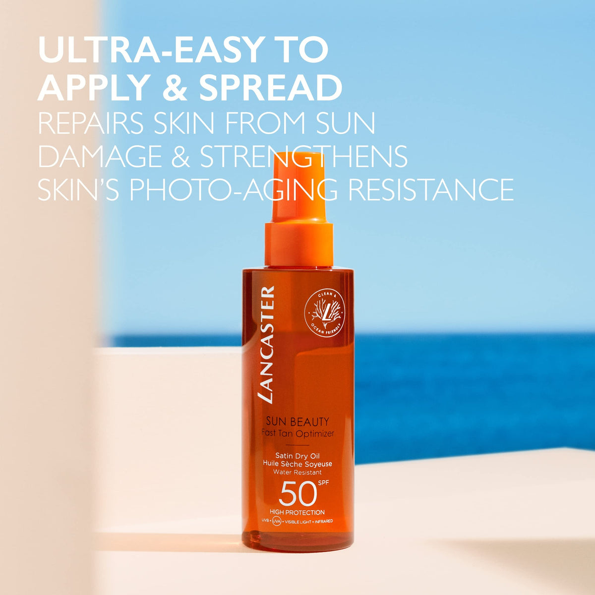 Lancaster Sun Beauty Satin Sheen Oil 200g with beach background