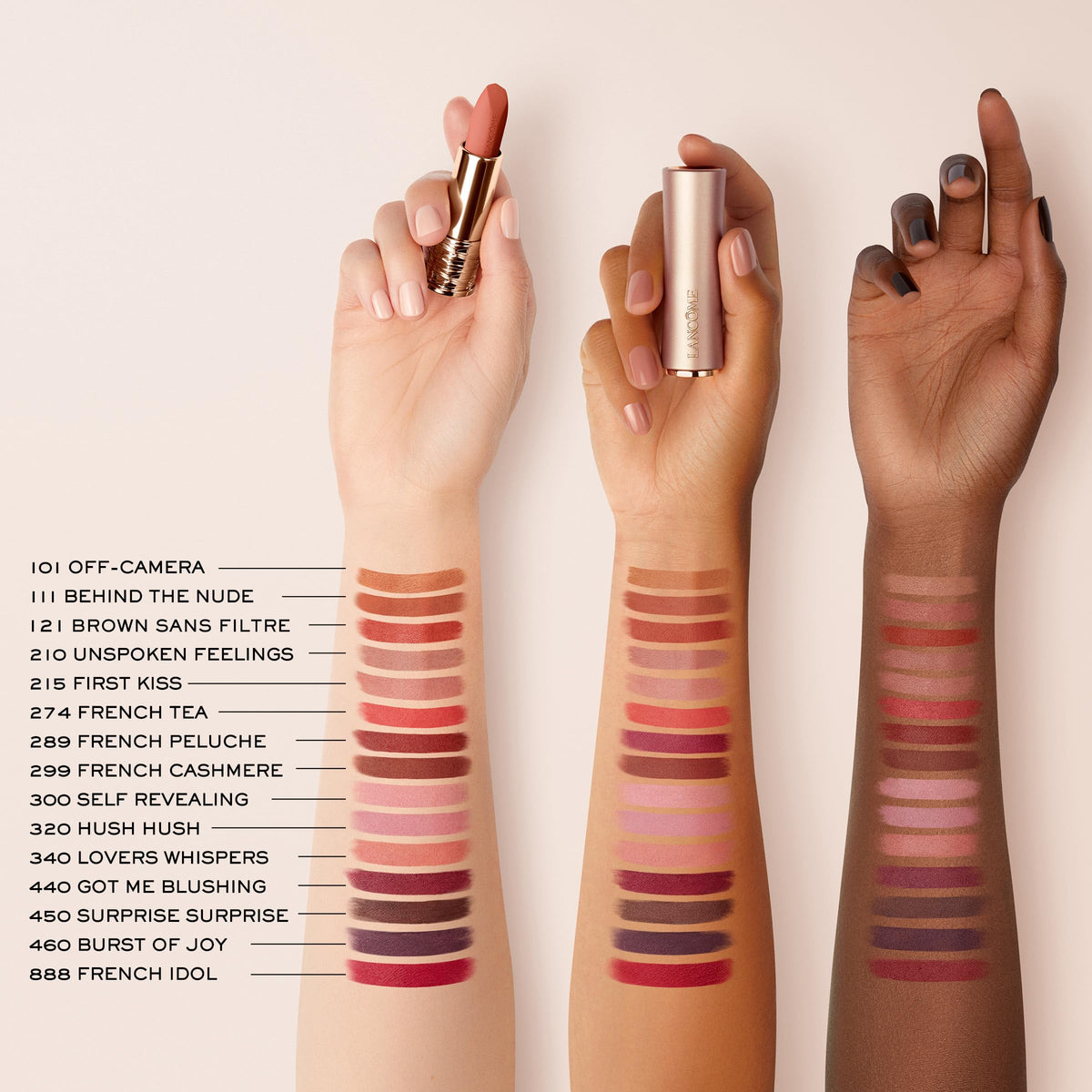 Lancôme L'Absolu Rouge Intimatte Lipstick 299 with a makeup brush