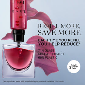Lancôme La Vie Est Belle L'Elixir Eau de Parfum bottle on a vanity