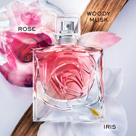 Lancôme La Vie Est Belle Rose Extraordinaire bottle with floral background