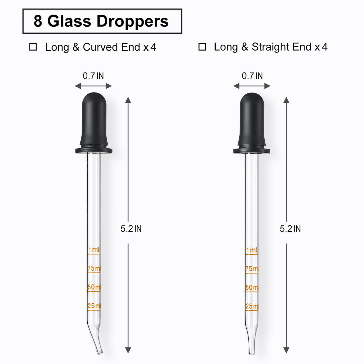 LANDNEOO glass droppers showing long straight and curved tips