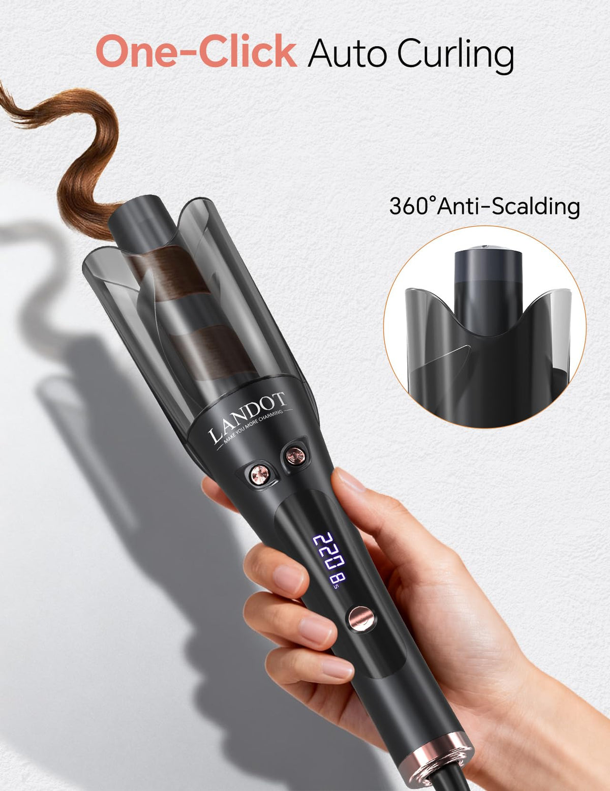 LANDOT Automatic Curling Iron showing anti-scald tip