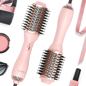LANDOT Hair Blow Dryer Brush front view with ceramic titanium barrel