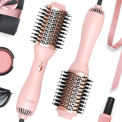 LANDOT Hair Blow Dryer Brush front view with ceramic titanium barrel