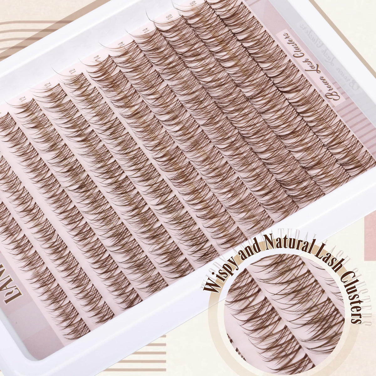 LANFLOWER brown lash clusters displayed on a makeup table
