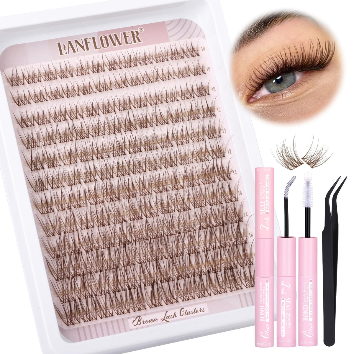 LANFLOWER Brown Lash Clusters Kit front view with packaging
