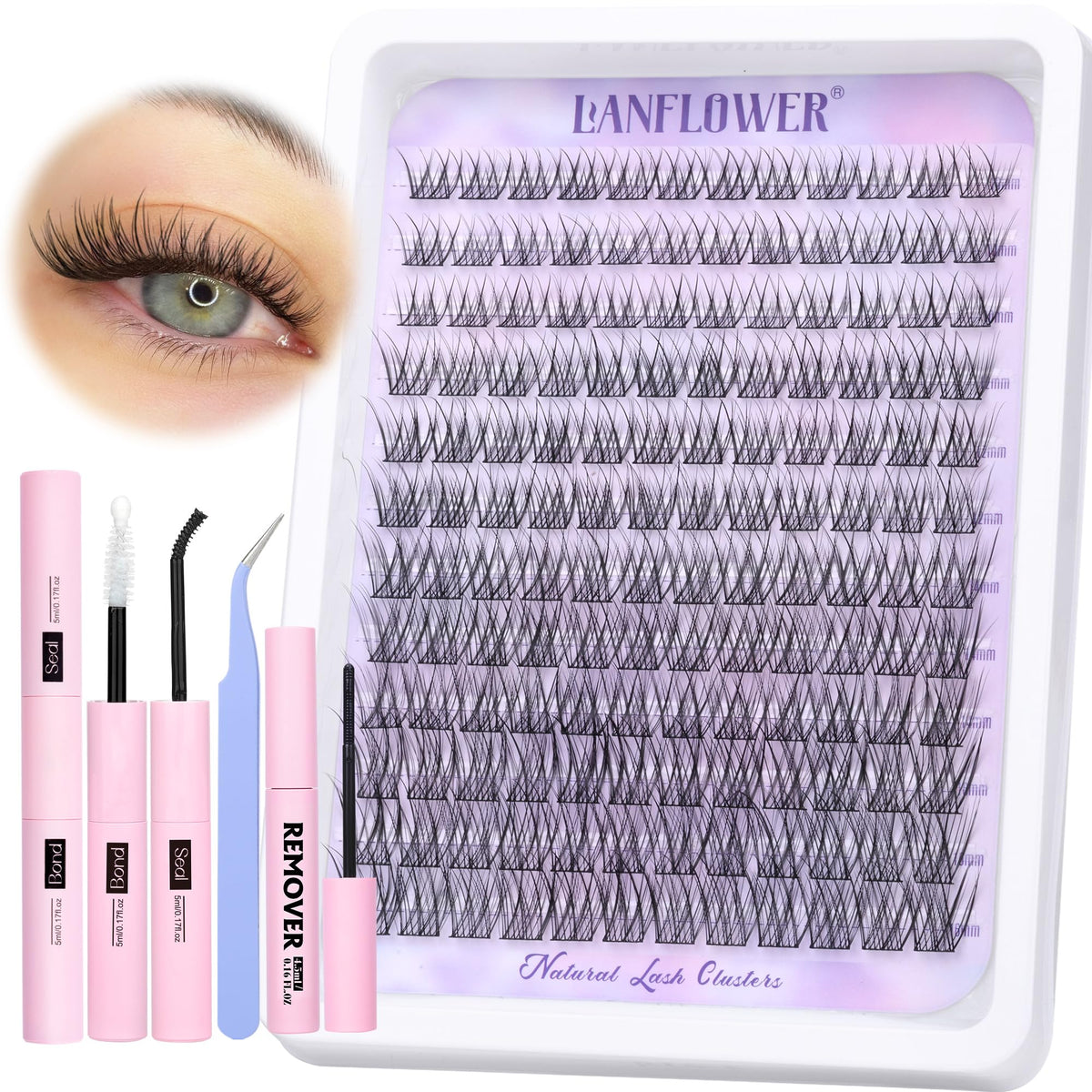 LANFLOWER Natural Lash Clusters Kit with lash bond and seal