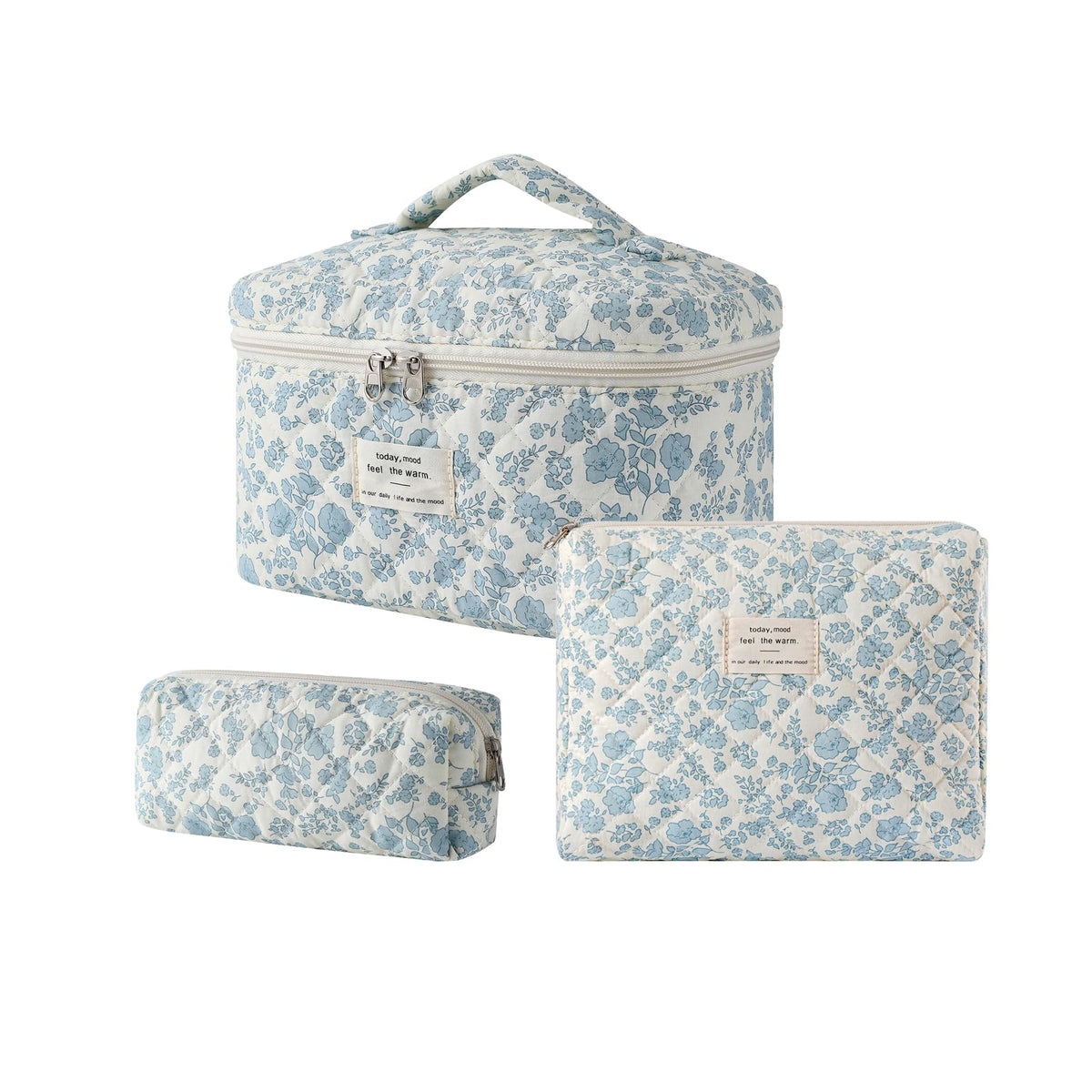 Large uekeboag floral quilted makeup bag in light blue