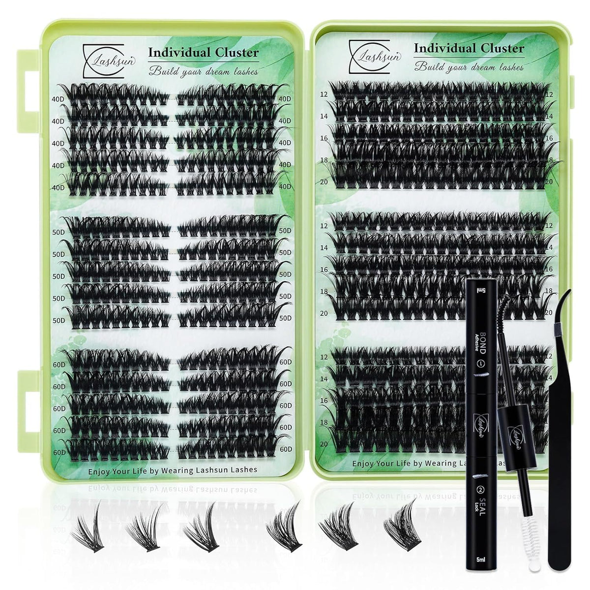 LASHSUN Cluster Lashes Kit 570pcs front view with lashes and applicator