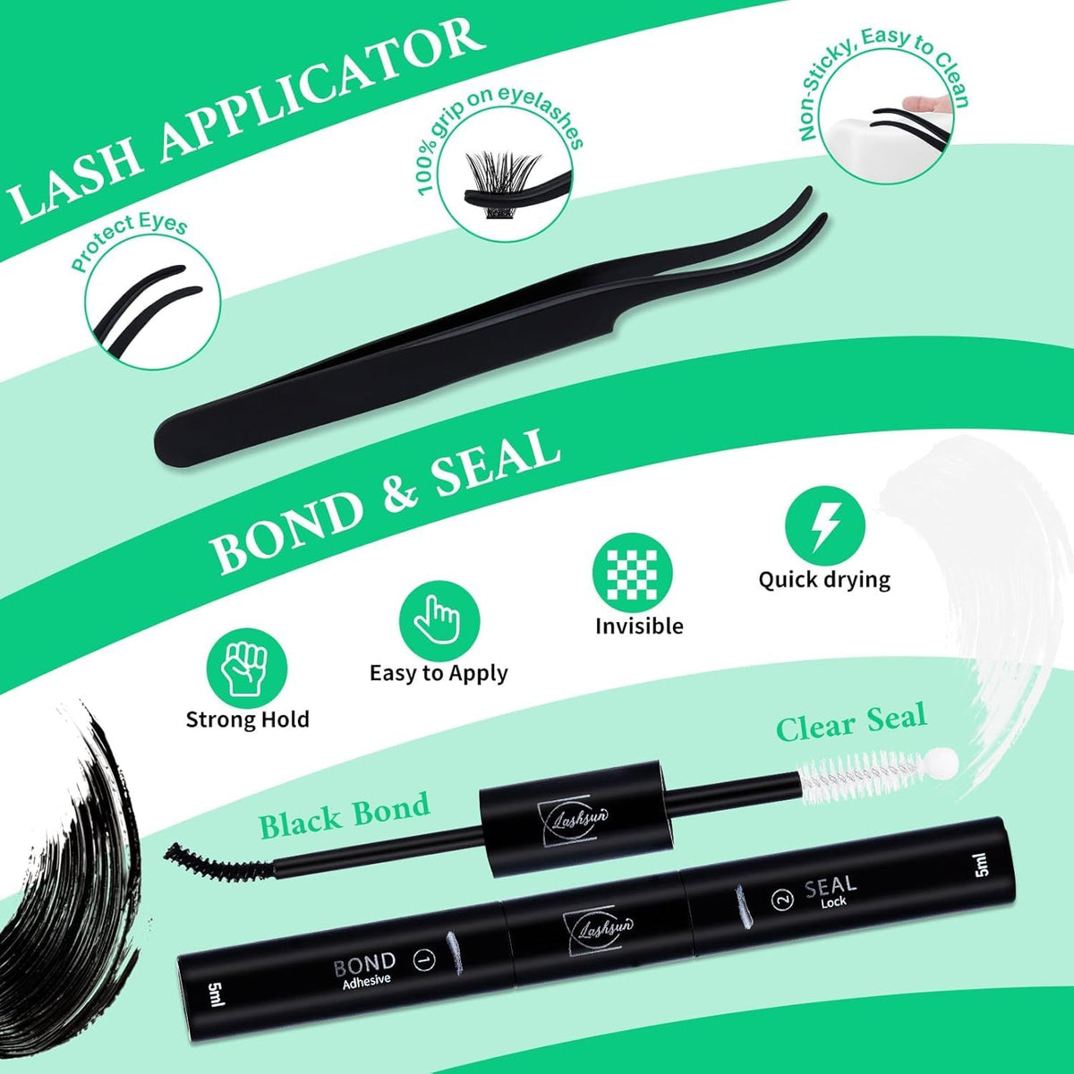 LASHSUN Cluster Lashes Kit with lash tweezers and mixed length lashes