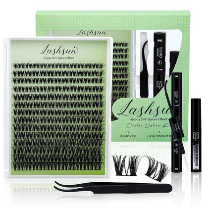 LASHSUN Flora Lash Clusters Kit front view with lashes and tweezers