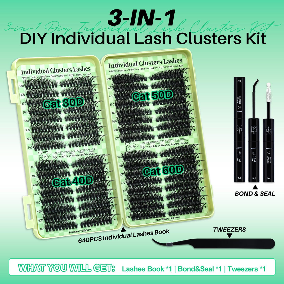 LASHSUN Lash Clusters Kit components including bond and seal