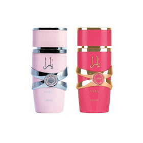 Lattafa 2 Piece Fragrance Bundle front view with Yara and Yara Candy bottles