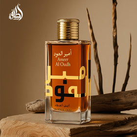 Lattafa Ameer Al Oud Intense bottle with deodorant spray