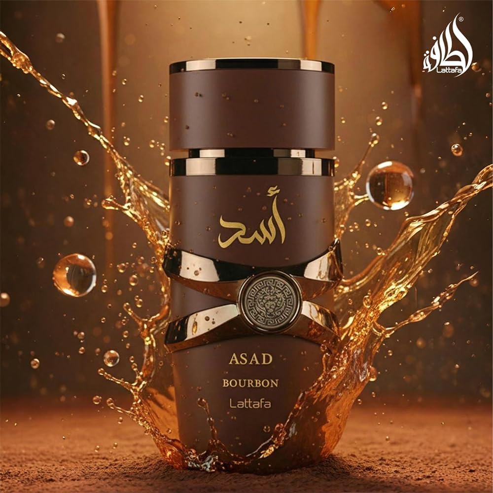 Lattafa Asad Bourbon Eau de Parfum on a vanity