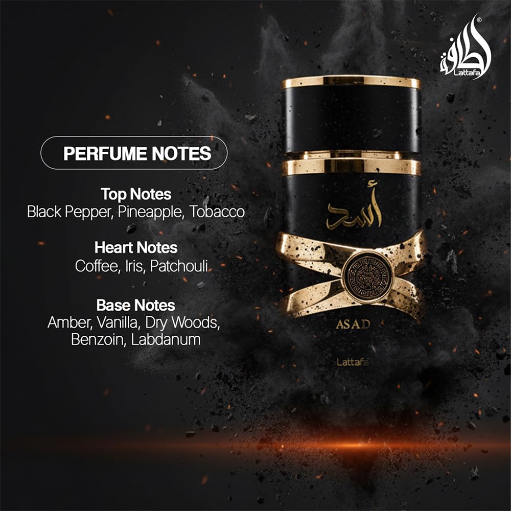 Lattafa Asad Premium Oud and Musk Eau de Parfum 100 ml bottle and sprayer