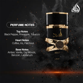 Lattafa Asad Premium Oud and Musk Eau de Parfum 100 ml bottle and sprayer