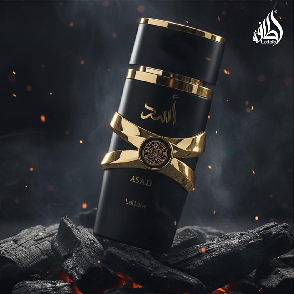Lattafa Asad Premium Oud and Musk Eau de Parfum 100 ml with floral background