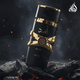 Lattafa Asad Premium Oud and Musk Eau de Parfum 100 ml with floral background
