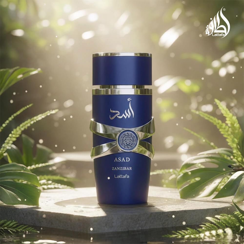 Lattafa Asad Zanzibar 100ml bottle with tropical background