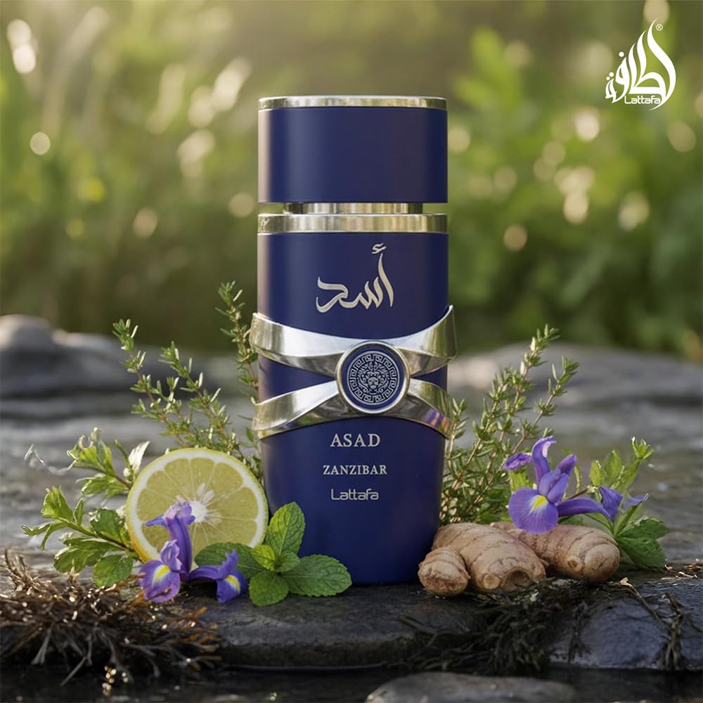 Lattafa Asad Zanzibar bottle in lifestyle setting