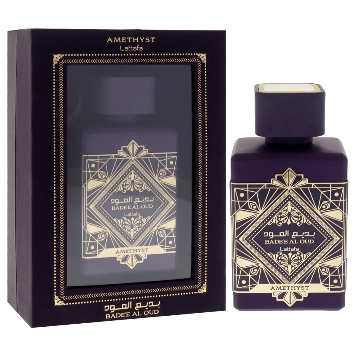 Lattafa Bade'e Al Oud Amethyst packaging with floral design