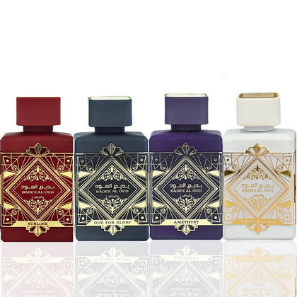 Lattafa Bade'e Al Oud gift set front view with four 100ml bottles