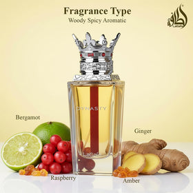 Lattafa Dynasty Eau de Parfum 100ml bottle with fragrance notes listed