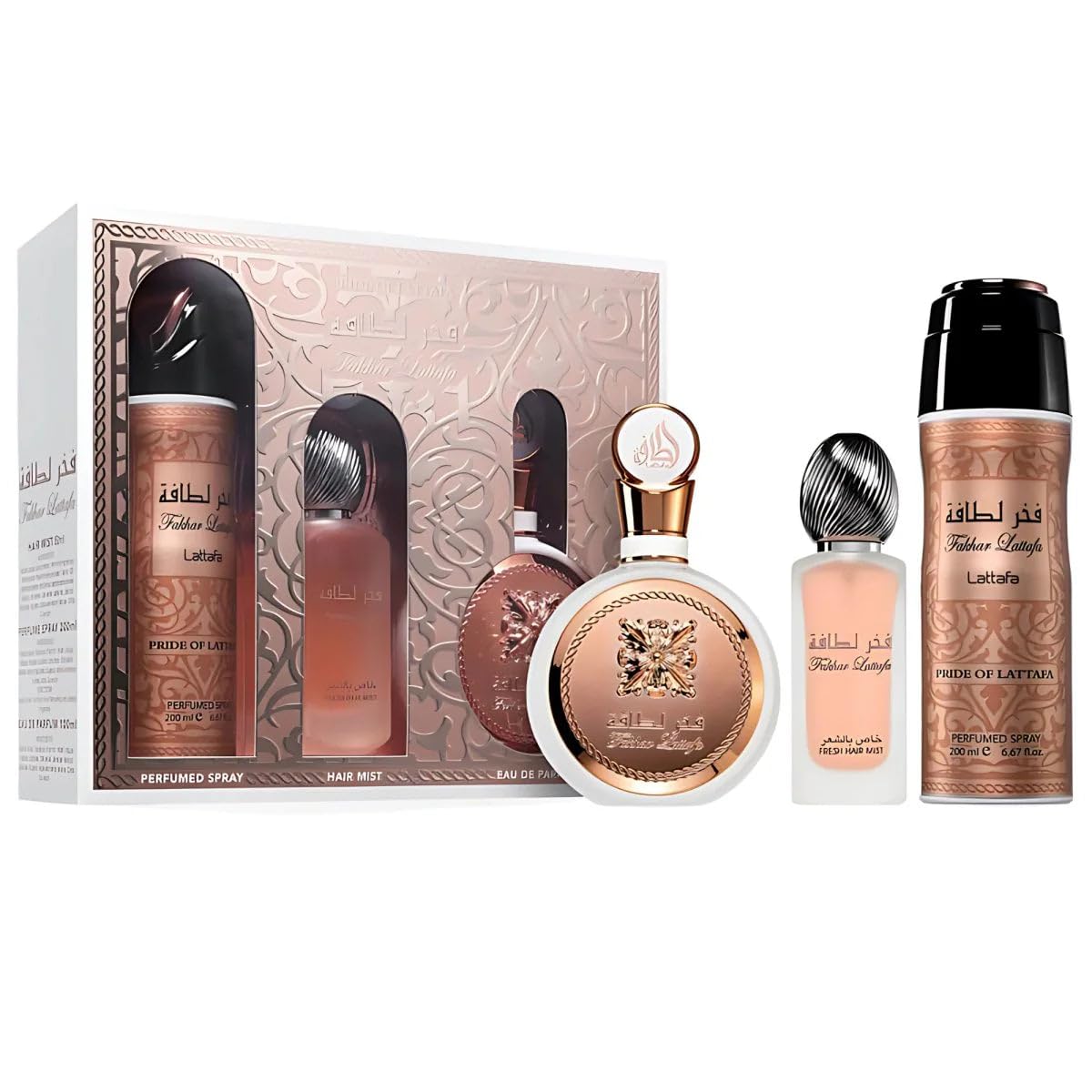 Lattafa Fakhar for Women 3 Piece Set including Eau de Parfum, Hair Mist, and Deodorant Spray
