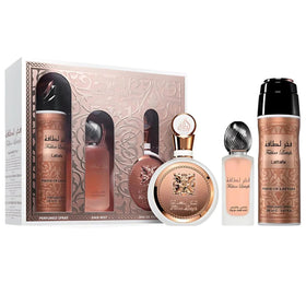 Lattafa Fakhar for Women 3 Piece Set including Eau de Parfum, Hair Mist, and Deodorant Spray