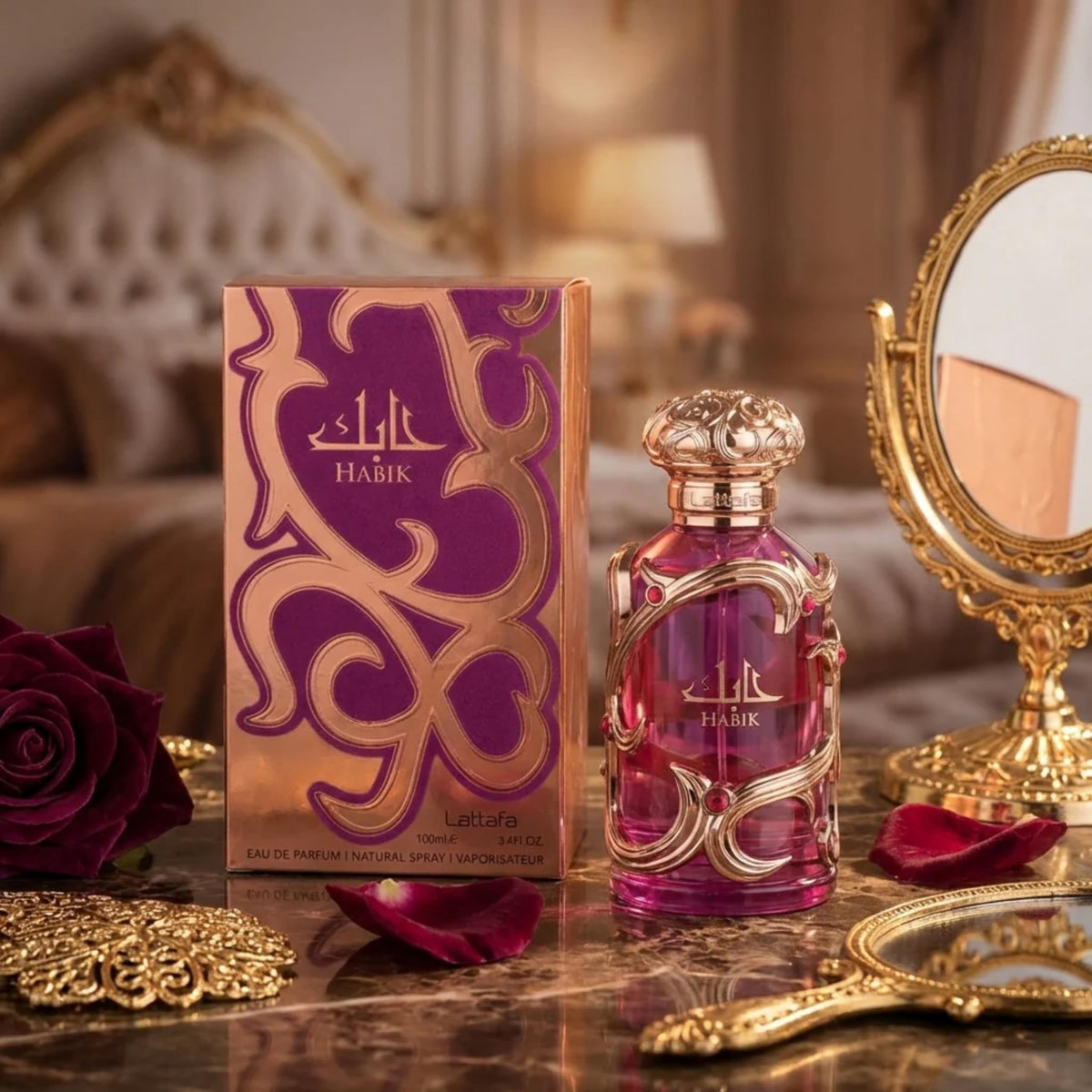 Lattafa Habik Eau de Parfum 100ml bottle with cap on a vanity