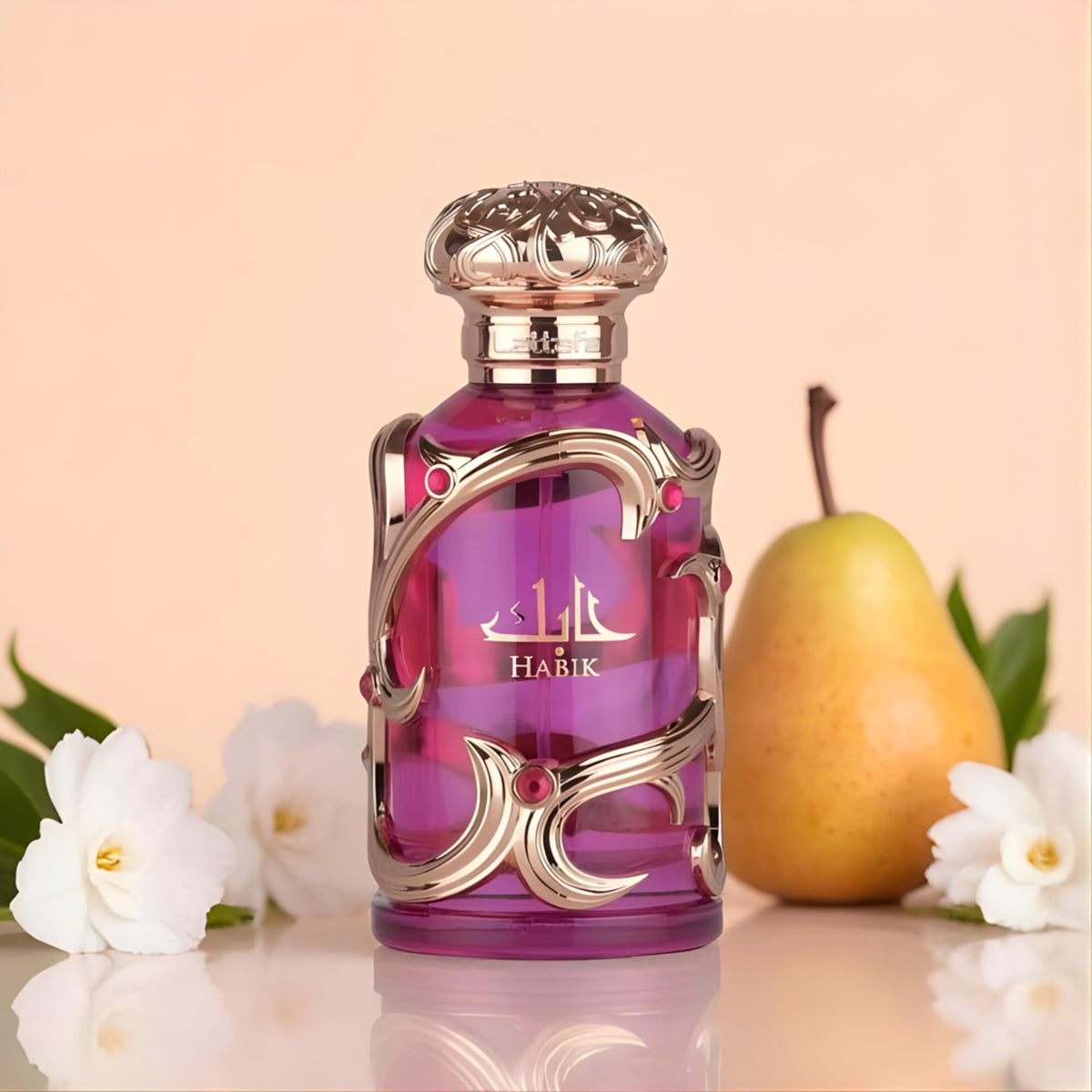 Lattafa Habik Eau de Parfum 100ml in lifestyle setting with flowers